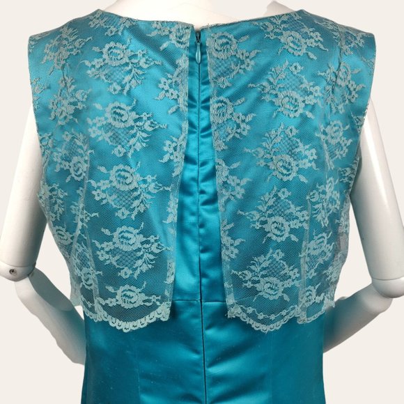 Vintage 1960s MOD Aqua Cocktail Dress Party Gown Lace Bodice Turquoise Satin M - Picture 11 of 13